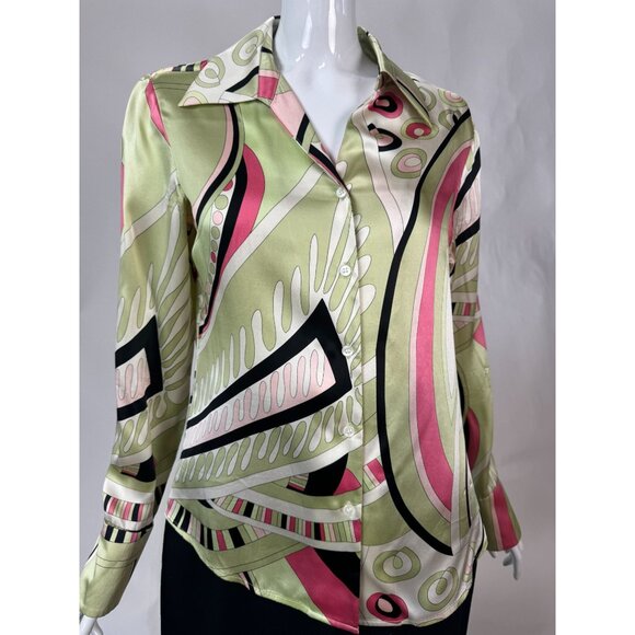 Silk Patterned Blouse By Kasper Size 6 - Green & Pink Design French Cuff Blemish - Picture 9 of 16